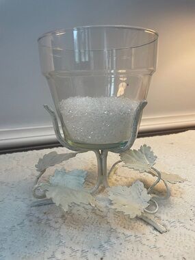 Leaf Motif Glass Hurricane Candle Holder in Pale Cream
